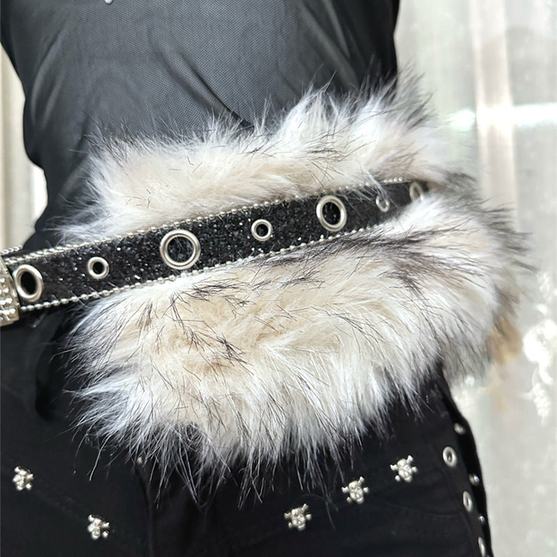 Faux fur diamond waist belt women y2k rhinestone punk style