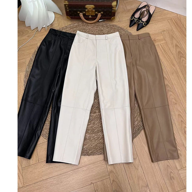 Women Leather Cropped Harem Straight Leg Pants