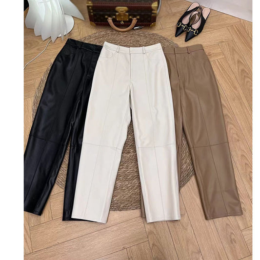 Women Leather Cropped Harem Straight Leg Pants