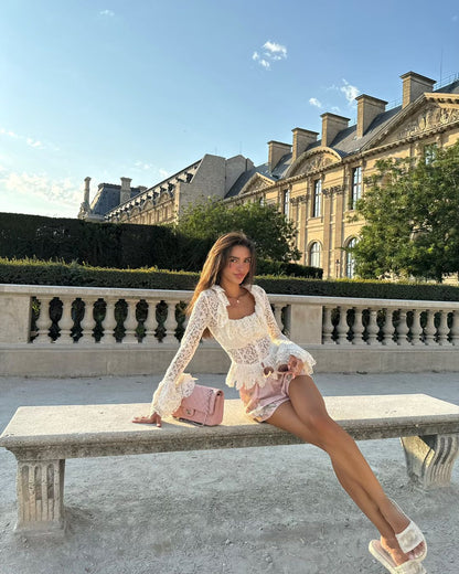 White Lace Corset Blouse Women Long Sleeve Peplum Top