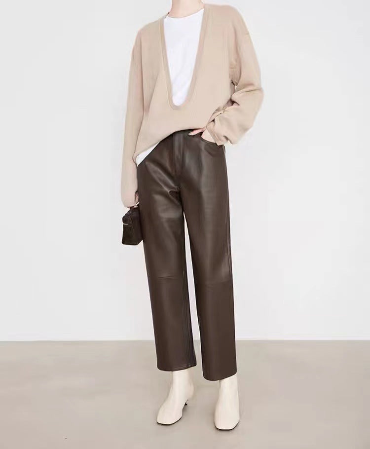 Women’s High Rise Genuine Straight Leather Pants Brown