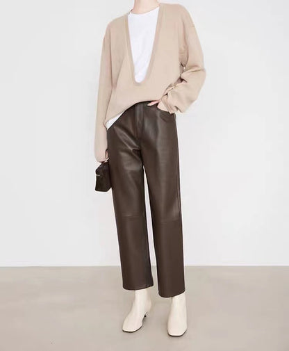Women’s High Rise Genuine Straight Leather Pants Brown