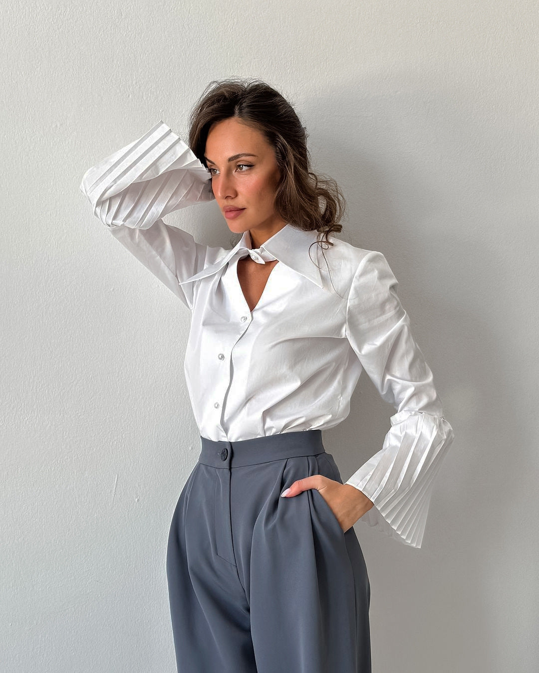 Women Trumpet Sleeve Cotton Shirt with Choker Neckline