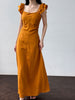 White flutter sleeve linen maxi dress with open back waist fit