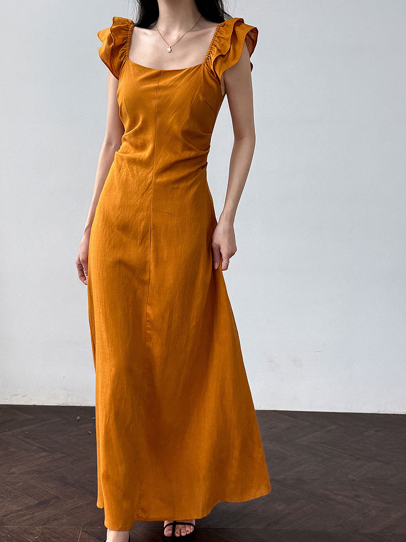 White flutter sleeve linen maxi dress with open back waist fit
