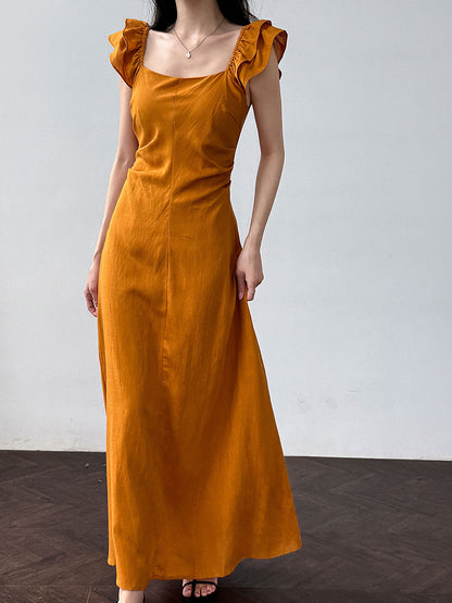 White flutter sleeve linen maxi dress with open back waist fit