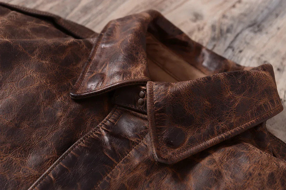Mens Distressed Oil Wax Cowhide Leather Jacket