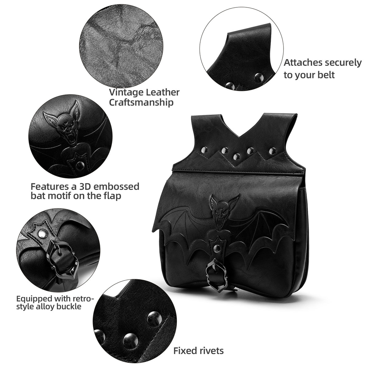 Waist Bag for Women in Black PU with Gothic Bat Detail