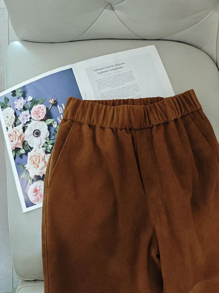 Women Suede Harem Pants High Rise Sheepskin Trousers