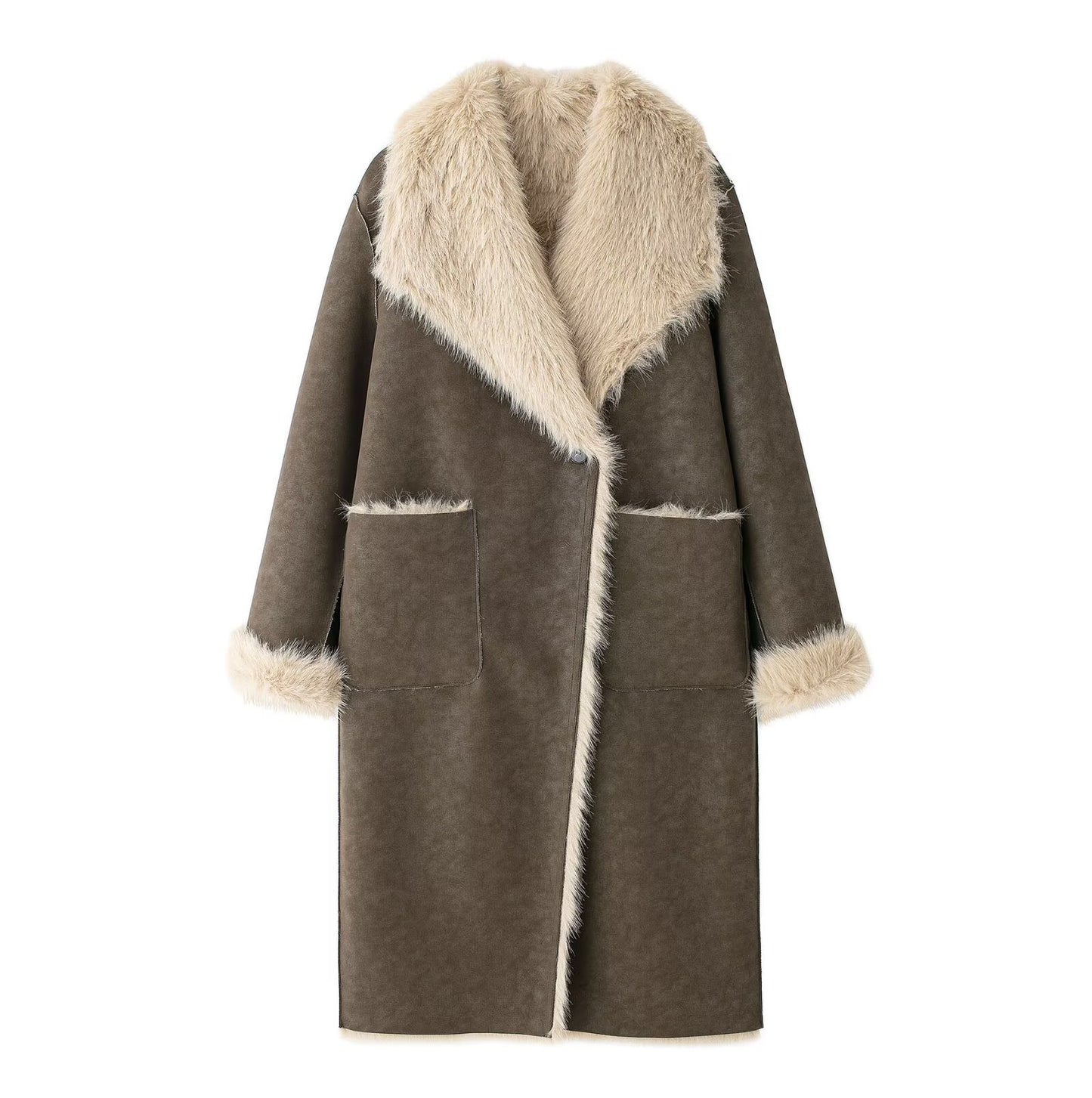Women Reversible Faux Fur Long Coat Shearling Effect Winter Coat