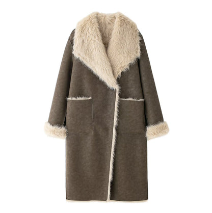 Women Reversible Faux Fur Long Coat Shearling Effect Winter Coat