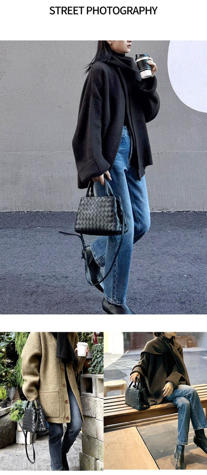 Hand Woven Real Leather Black Tote Crossbody Purse