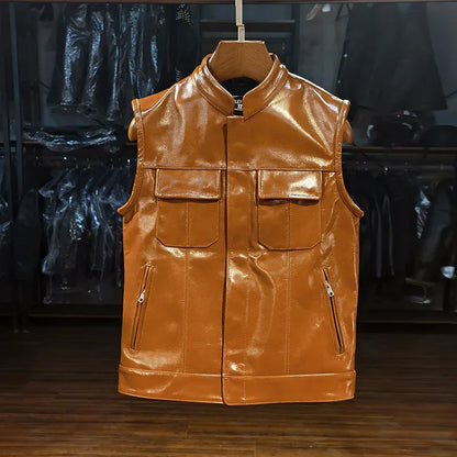 Oil Waxed Motorcycle Leather Vest Stand Collar Biker Vest