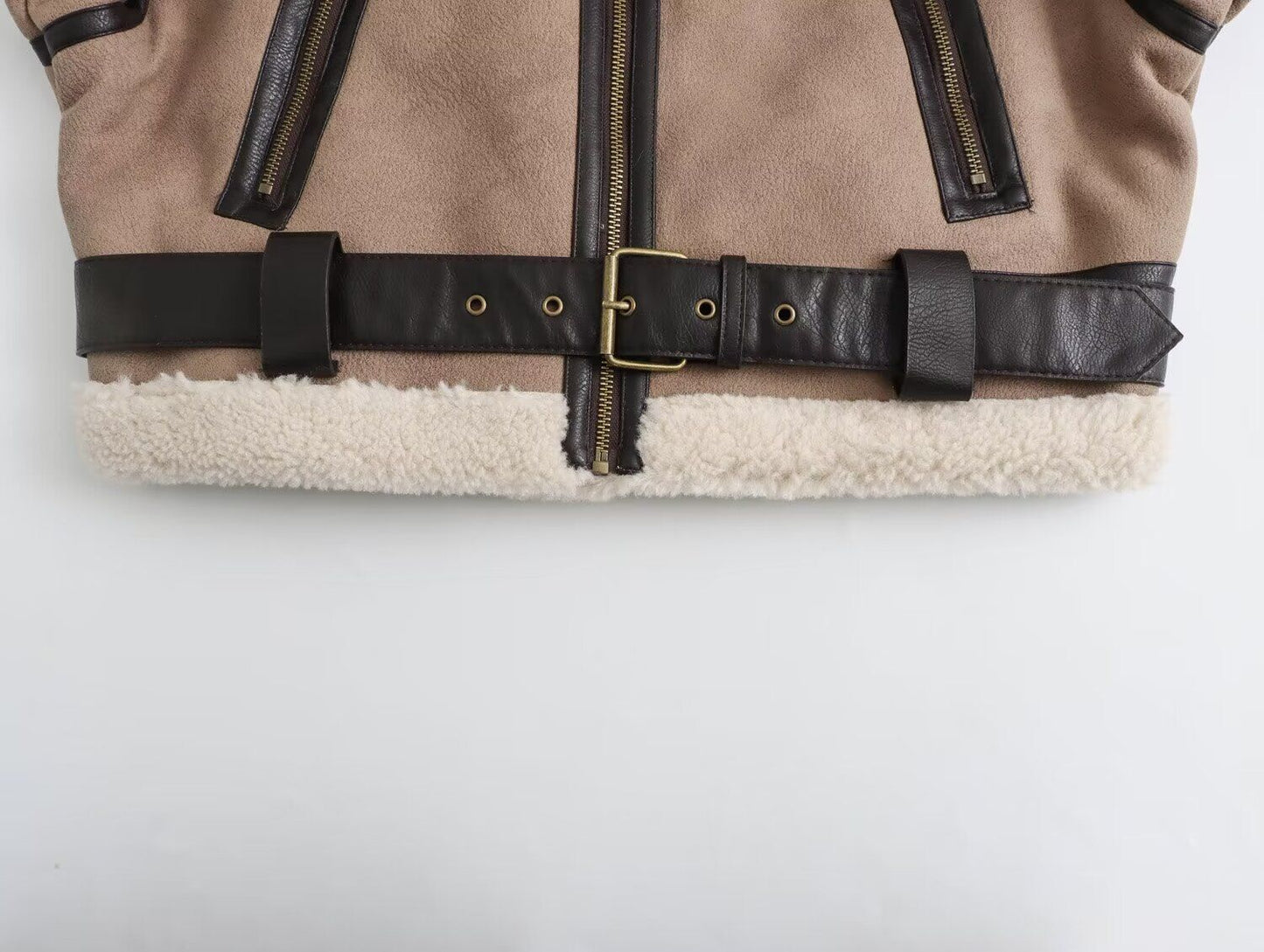 Brown Faux Leather Bomber Jacket for Women with Faux Fur Collar