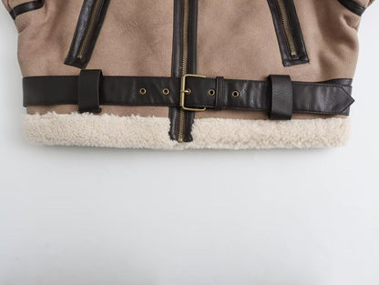 Brown Faux Leather Bomber Jacket for Women with Faux Fur Collar