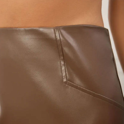 Brown Faux Leather Midi Pencil Skirt for Women
