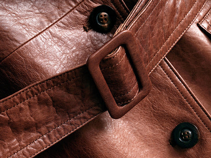 Women Leather Trench Coat Double-Breasted With Belt