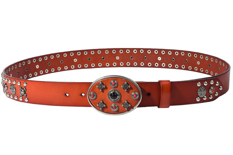 Black Leather Biker Belt with Rivets for Men and Women