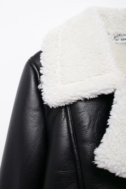 Cropped Faux Leather Bomber Jacket Women with Faux Fur Collar