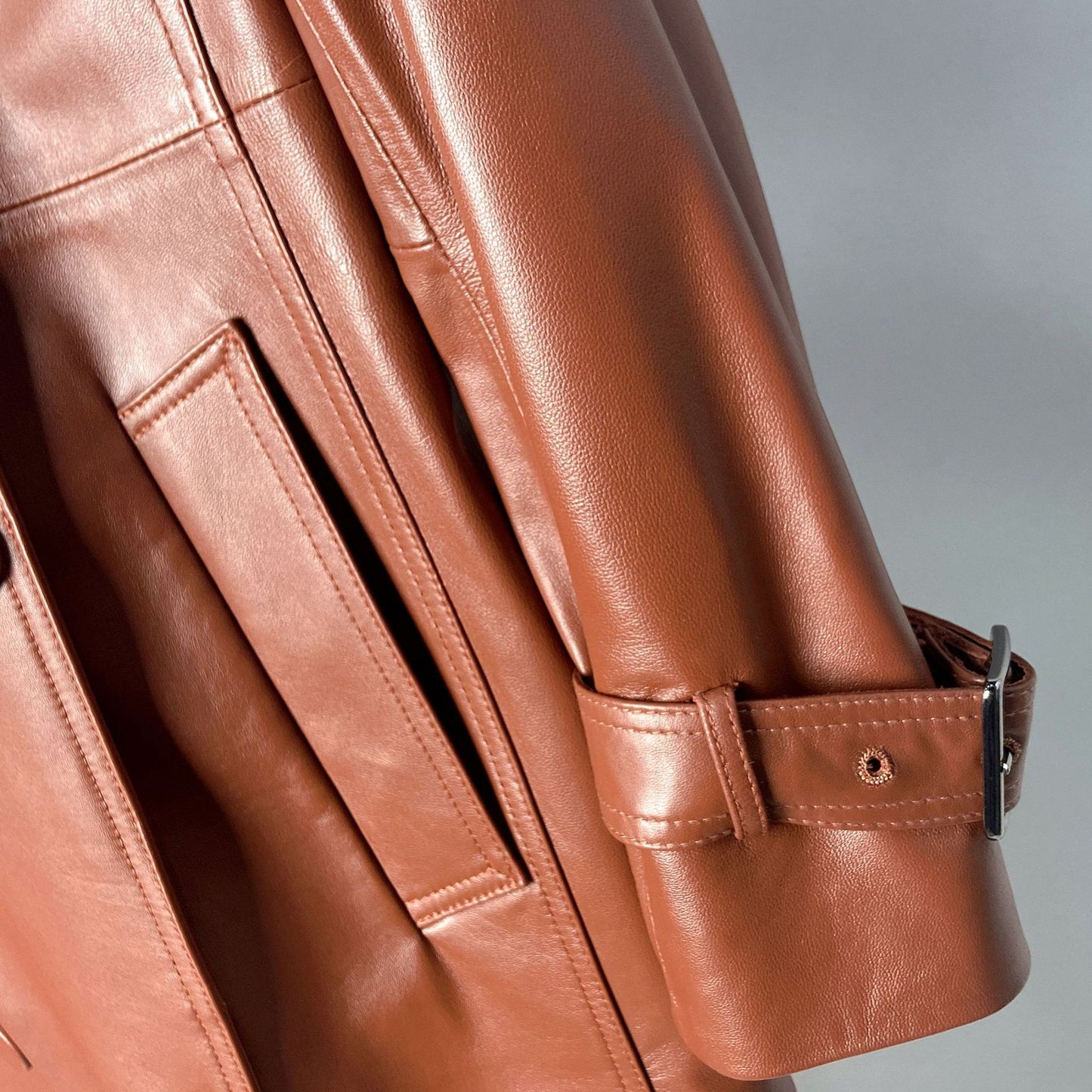 Women Genuine Leather Double Breasted Trench Coat With Belt