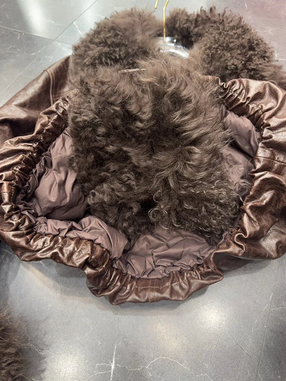 Genuine sheepskin leather jacket with fur collar