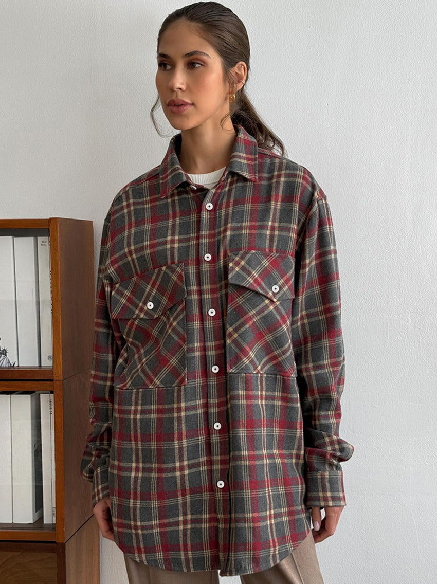 Women plaid long sleeve flannel shirt
