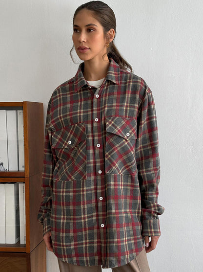Women plaid long sleeve flannel shirt
