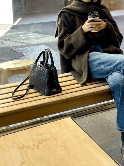 Hand Woven Real Leather Black Tote Crossbody Purse