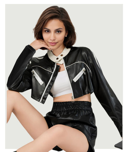 Black Cropped Faux Leather Moto Biker Jacket