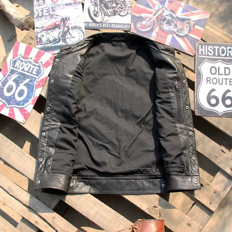 Stand collar lambskin leather motorcycle riding vest