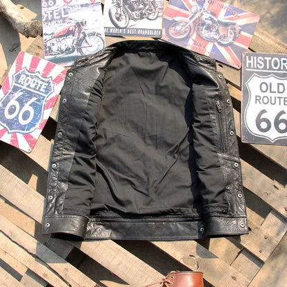 Stand collar lambskin leather motorcycle riding vest