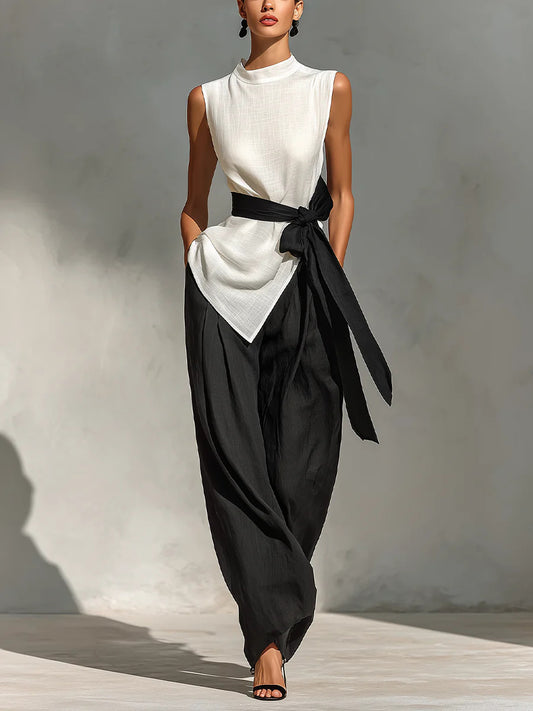 Women’s Two Piece Sleeveless Tie Waist Wide Leg Pant Set 1 S