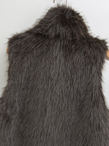 Women faux fur stand collar zipper vest