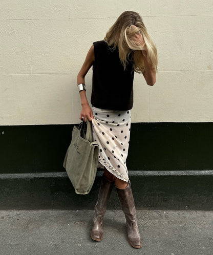 Women Polka Dot Satin Midi Skirt High Waist French Acetate Drape