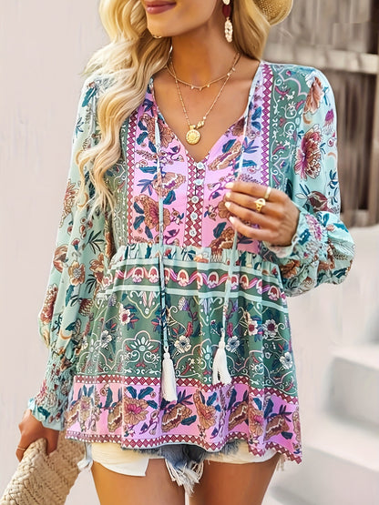 Tassel tie boho blouse with patchwork floral panels