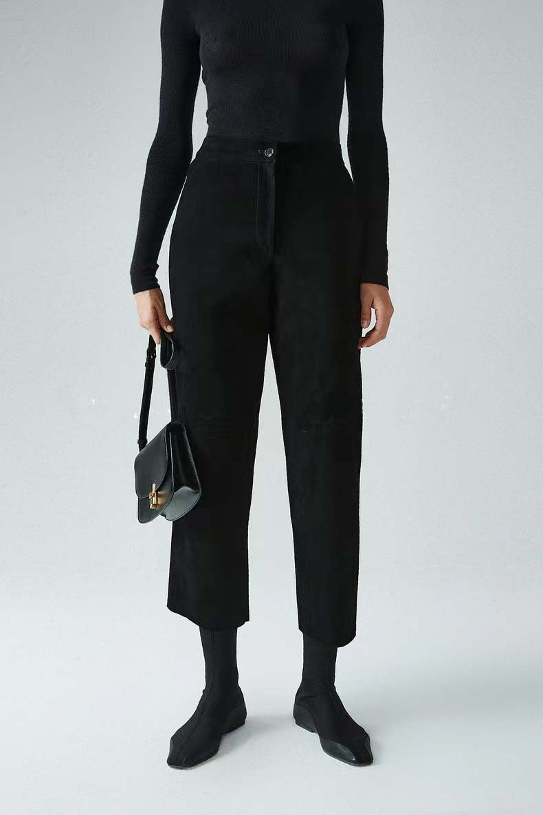 Genuine Suede Pants for Women High Waist Nine-Point Trousers