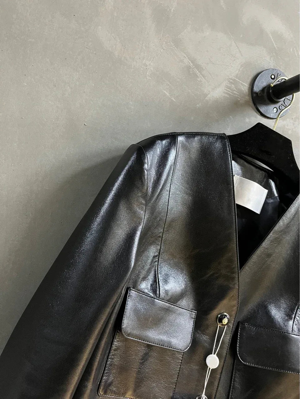 Black Leather Bomber V Neck Jacket Women