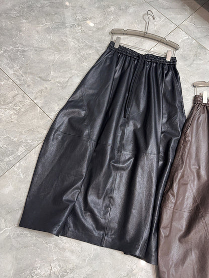 Women’s Leather Maxi Skirt Drawstring Long Skirt