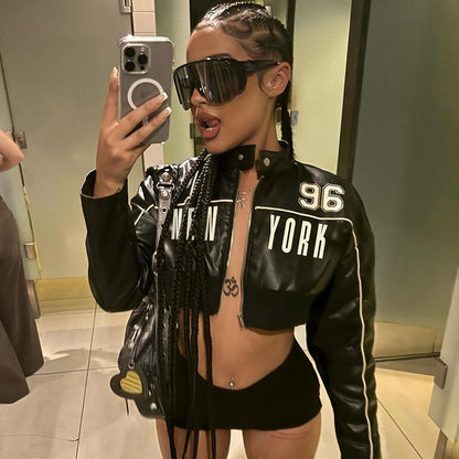 Cropped Faux Leather Jacket Women Moto Bomber Style