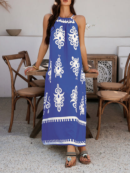Blue Tribal Halter Neck Women Maxi Dress for Summer