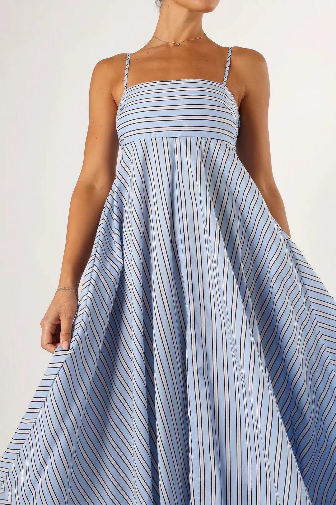Light Blue Striped Smocked Back Maxi Dress