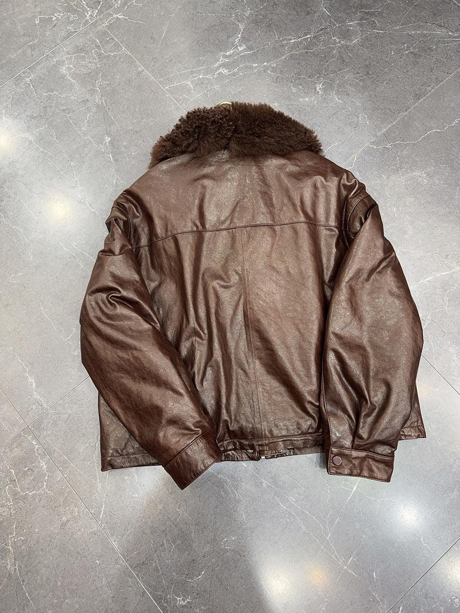 Women waxed leather aviator fur down jacket