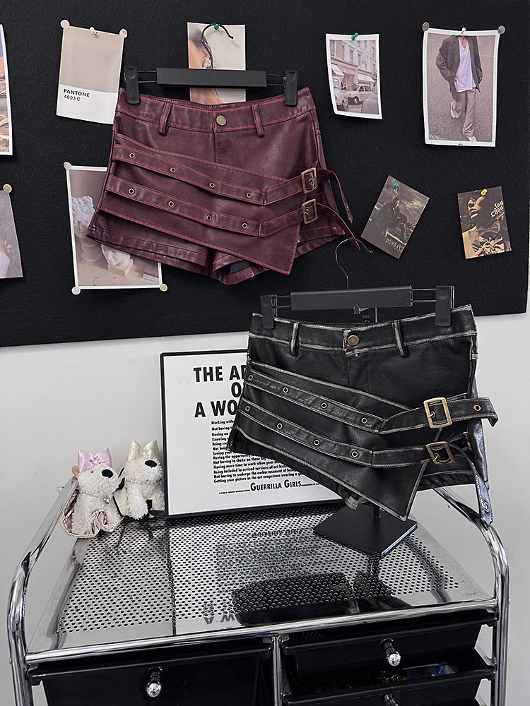 Women High Waisted PU Leather Shorts Belted Bodycon Street Style