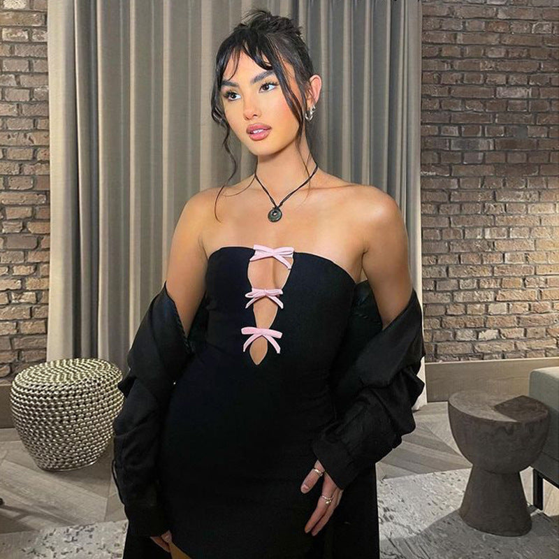 Bow knot strapless hollow mini dress
