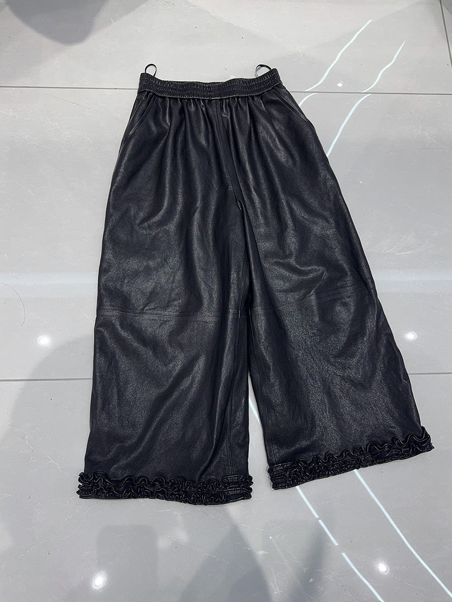 Women Wide Leg Leather Pants High Waisted Nine Point Trousers