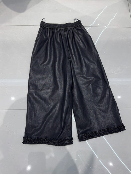 Women Wide Leg Leather Pants High Waisted Nine Point Trousers