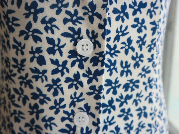 French Retro Blue Floral Button-Front A-Line Mini Dress