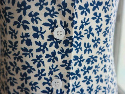 French Retro Blue Floral Button-Front A-Line Mini Dress