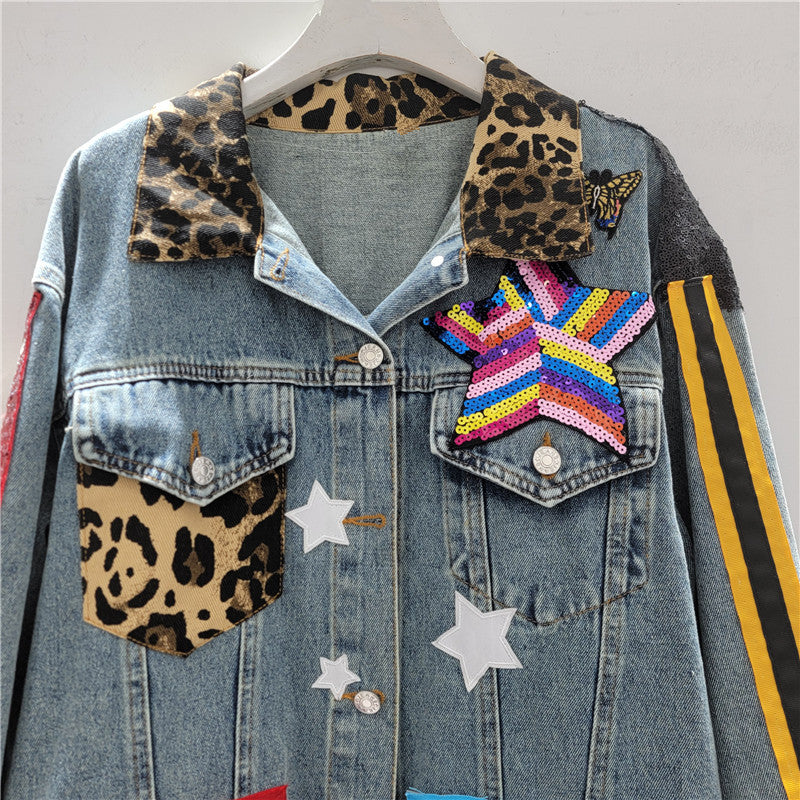Women’s Sequin Patch Denim Jacket Street Style Jean Coat