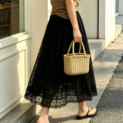White lace maxi skirt with sheer mesh detail